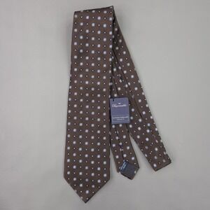 Faconnable Tie Mens One Size Brown Silk Geometric Pattern Necktie Italy NEW